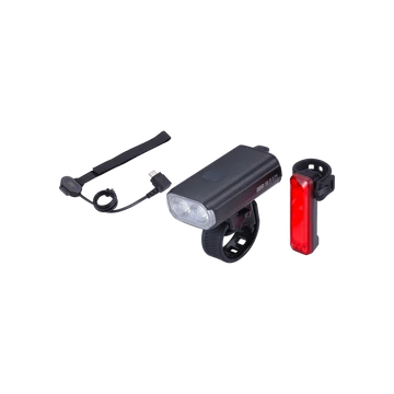 BBB Cycling kerékpáros lámpa szett BLS-174 StrikeDuo Combo, 1200 és 20 lumen, 7 és 5 mód, USB-C és micro USB tölthető 3200 és 300 mAh akku (első és hátsó), gumis felfogatással, távirányítóval VILÁGÍTÁS