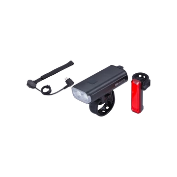 BBB Cycling kerékpáros lámpa szett BLS-175 StrikeDuo Combo, 1600 és 20 lumen, 7 és 5 mód, USB-C és micro USB tölthető 5200 és 300 mAh akku (első és hátsó), gumis felfogatással, távirányítóval VILÁGÍTÁS