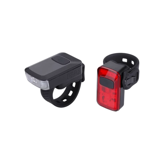 BBB Cycling kerékpáros lámpa szett BLS-153 SparkCombo 2.0, 45 és 10 lumen (első és hátsó), 4mód, micro USB tölthető 300 mAh akku, gumis felfogatással VILÁGÍTÁS