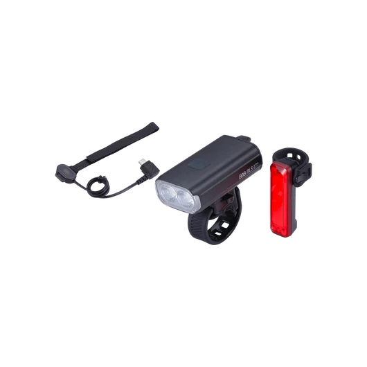 BBB Cycling kerékpáros lámpa szett BLS-174 StrikeDuo Combo, 1200 és 20 lumen, 7 és 5 mód, USB-C és micro USB tölthető 3200 és 300 mAh akku (első és hátsó), gumis felfogatással, távirányítóval VILÁGÍTÁS