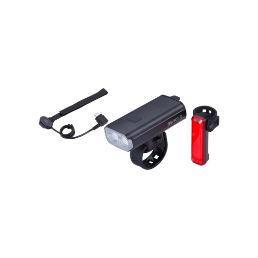 BBB Cycling kerékpáros lámpa szett BLS-175 StrikeDuo Combo, 1600 és 20 lumen, 7 és 5 mód, USB-C és micro USB tölthető 5200 és 300 mAh akku (első és hátsó), gumis felfogatással, távirányítóval VILÁGÍTÁS