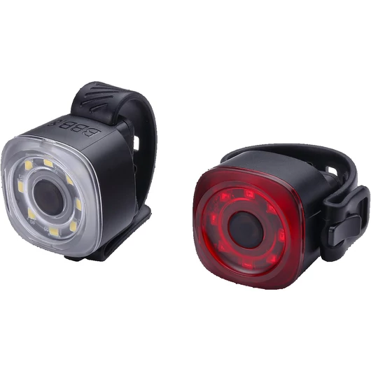 BBB Cycling kerékpáros lámpa szett BLS-227 Spirit, 30 és 12 lumen (első és hátsó), 9 mód, micro USB tölthető 250mAh akku, 8 akkufeszültség visszajelzős LED-del, gumis felfogatással VILÁGÍTÁS