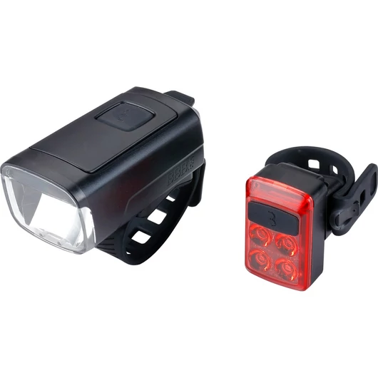 BBB Cycling kerékpáros lámpa szett BLS-231 StudCombo, 200 és 16 lumen, 4 és 3 mód, micro USB tölthető 2500 és 500 mAh akku (első és hátsó), gumis felfogatással VILÁGÍTÁS