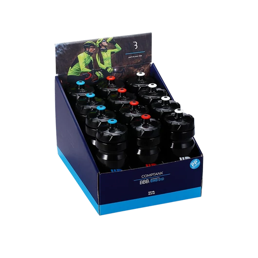 BBB Cycling kerékpáros kulacs display BWB-01D CompTank, 550 ml, fekete/kék, fekete/piros, fekete/fehér (12 db) KULACS