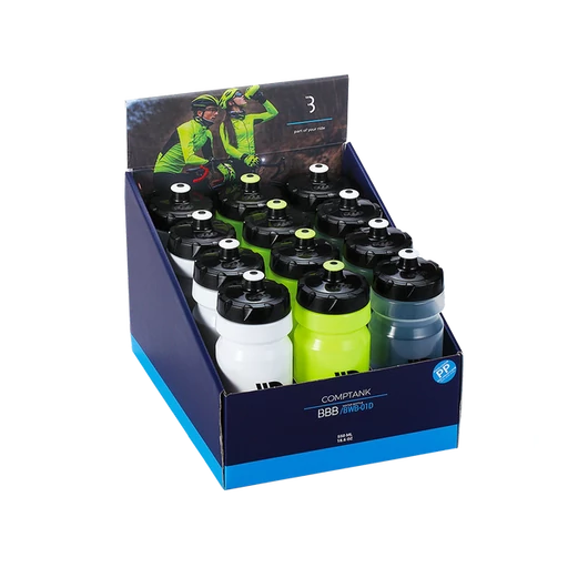 BBB Cycling kerékpáros kulacs display BWB-01D CompTank, 550 ml, fehér/fekete, neon sárga, átlátszó/fekete (12 db) KULACS