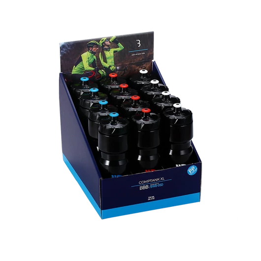 BBB Cycling kerékpáros kulacs display BWB-05D CompTank XL, 750ml, fekete/kék, fekete/piros, fekete/fehér (12 db) KULACS