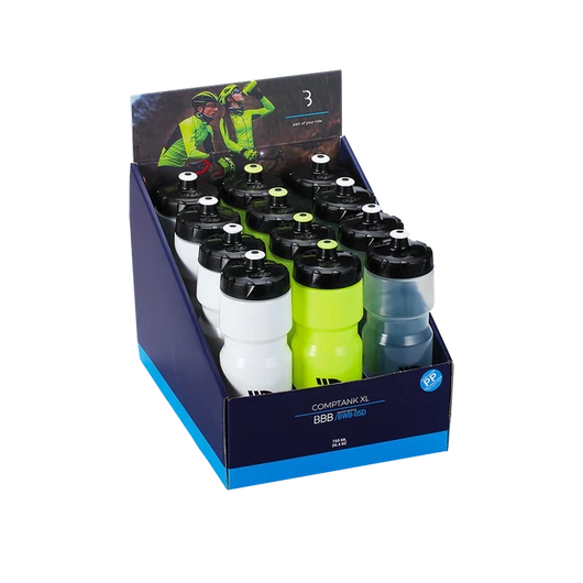 BBB Cycling kerékpáros kulacs display BWB-05D CompTank XL, 750ml, fehér/fekete, neon sárga, átlátszó/fekete (12 db) KULACS